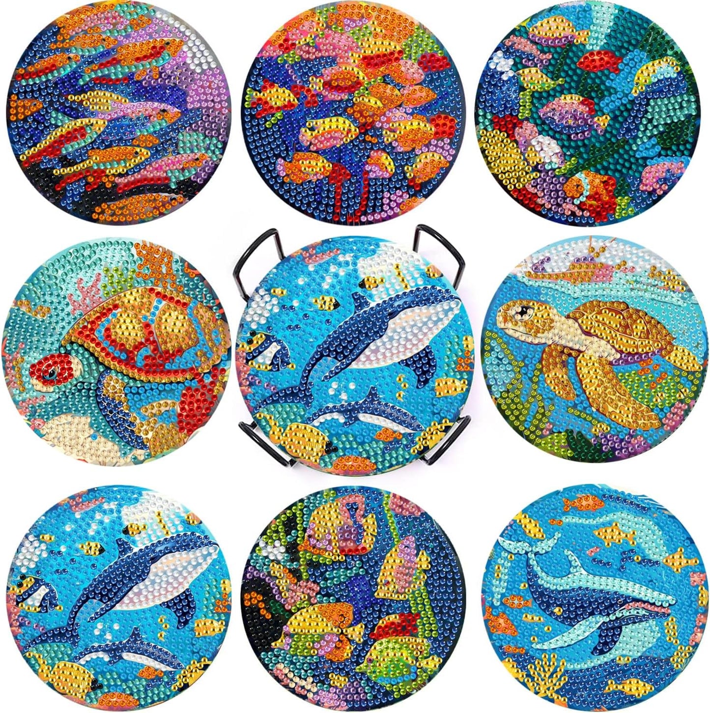 DOTSOPS 8 Pcs Ocean Diamond Art Kits for Adults 5d Diamond Painting Coasters with Holder for Adults Beginners Craft for Women Ocean