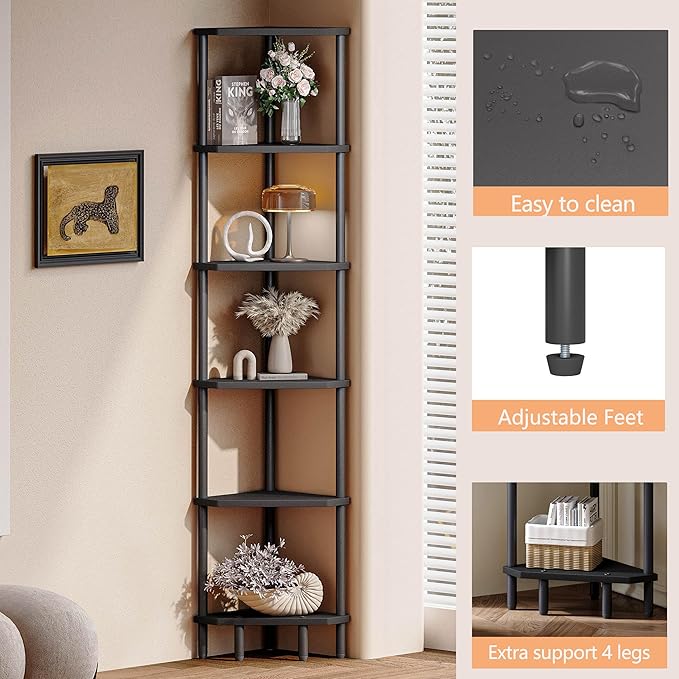 6 Tier Corner Shelf, 66.5'' Tall Standing Shelf, Narrow Display Shelf Stand, Modern Corner Bookshelf, Plant Stand, Corner Bookcase for Living Room, Bedroom, Bathroom, Black LCS502B