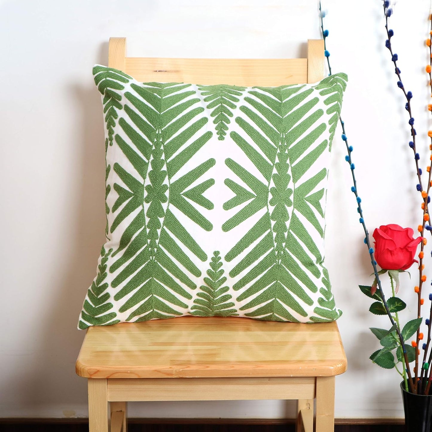Embroidery Throw Pillow Cover 18x18 Decor Tropical Leaves Floor Pillow Cover for Couch Chair Bed Room 100% Cotton Cushion Cover 45x45cm Pillowcase, Green Leaf Plant Embroidered, Pack of 4