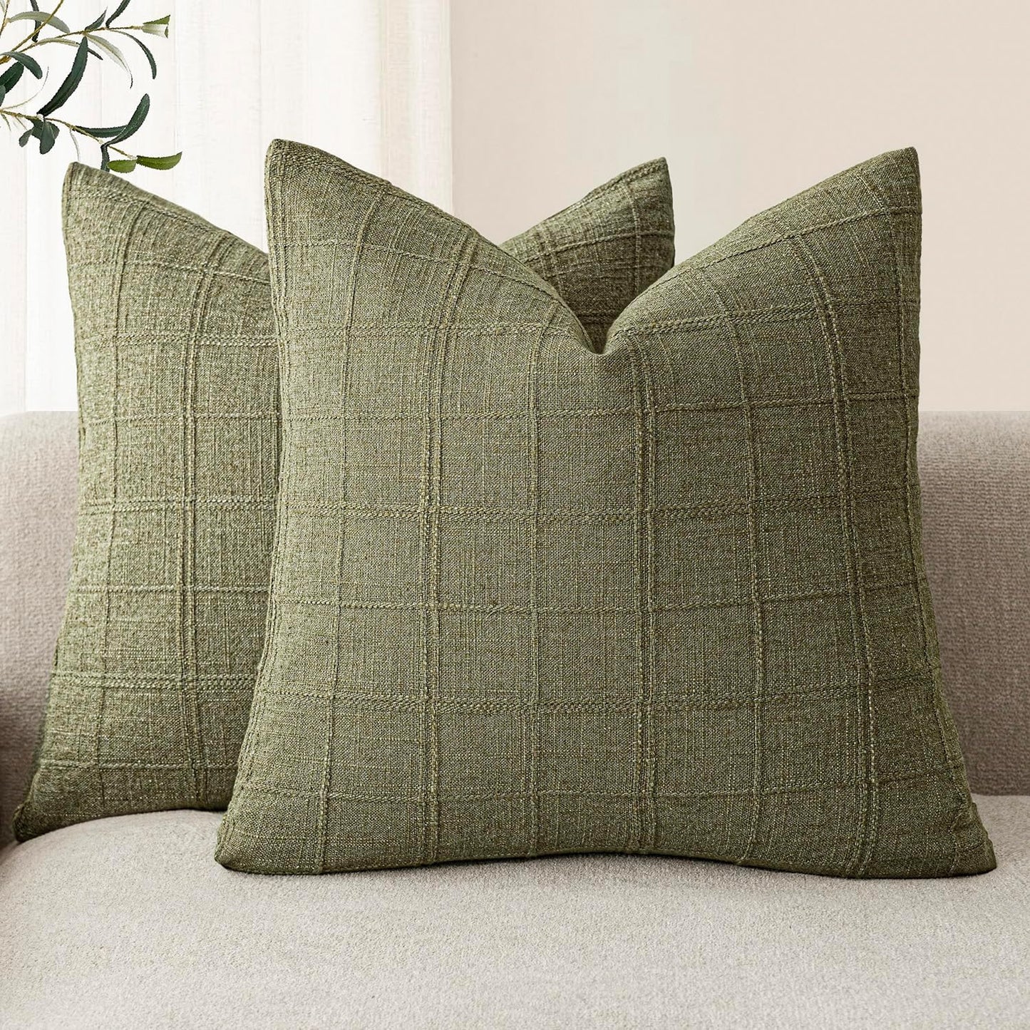 Foindtower Set of 2 Decorative Linen Check Throw Pillow Covers Neutral Farmhouse Vintage Cushion Covers Modern Boho Home Decor for Sofa Chair Couch Bedroom Living Room,18×18 Inch,Sage Green