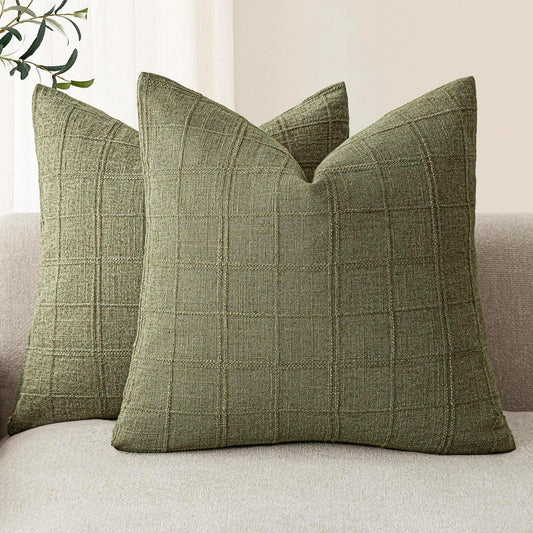Foindtower Set of 2 Decorative Linen Check Throw Pillow Covers Neutral Farmhouse Vintage Cushion Covers Modern Boho Home Decor for Sofa Chair Couch Bedroom Living Room,18×18 Inch,Sage Green