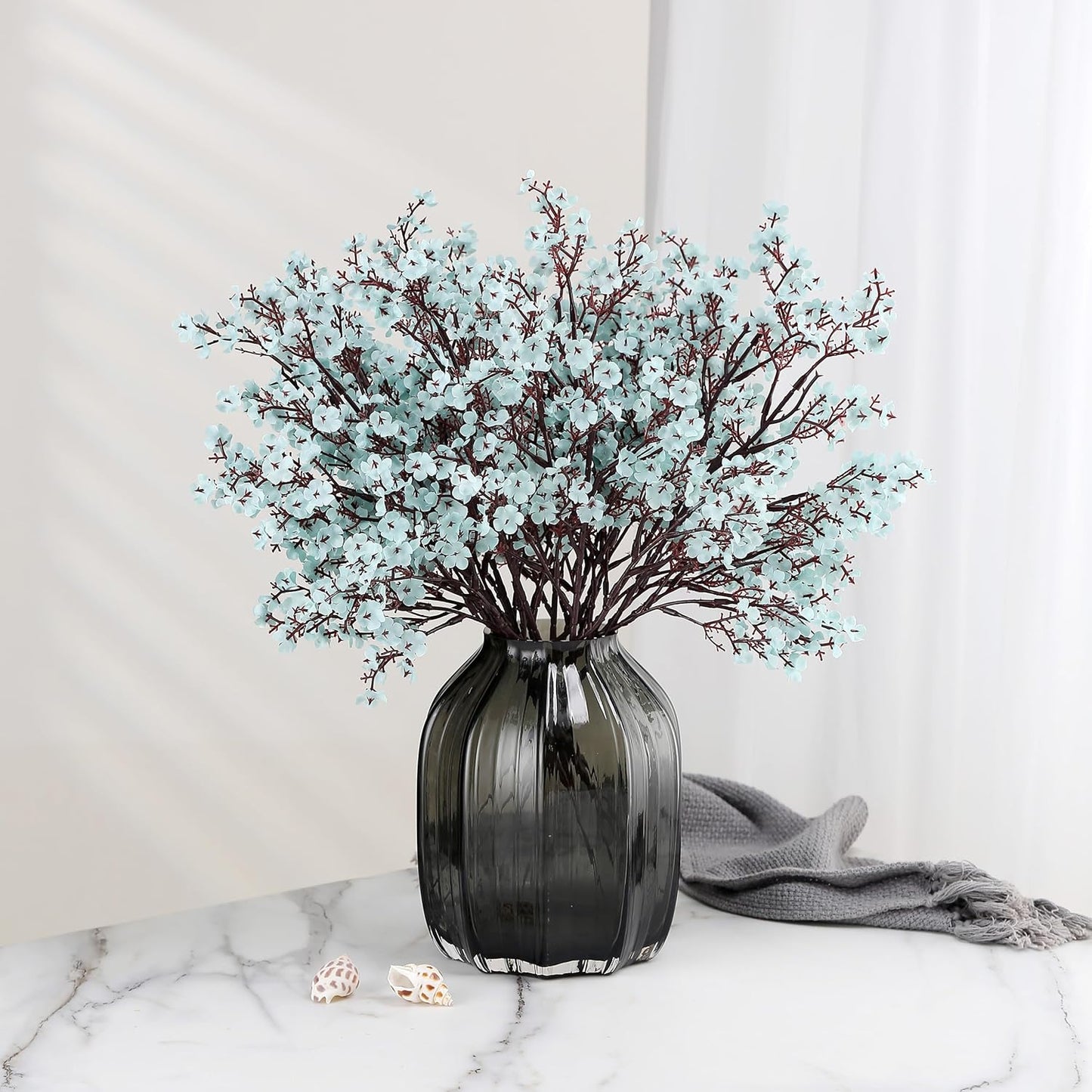 JAKY-Global Babys Breath Fabric Cloth Artificial Flowers 6 Bundle European Fake Silk Plants Decor Wedding Party Decoration Bouquets Real Touch DIY Home Garden (Grey Blue)