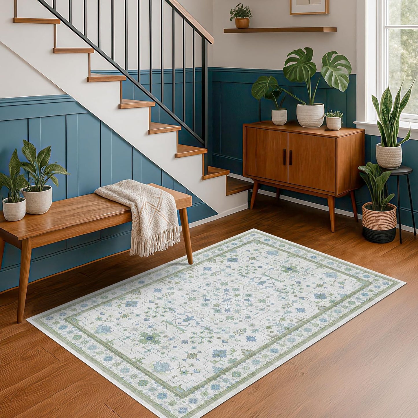 Blue and Green 4x6 Rugs for Small Living Room - Oushak Boho Pastel, Low Pile Non Slip Stain Resistant Throw Rug for Under Bed, Large Entryway, Kitchen, Floor Carpet Aesthetic Boys