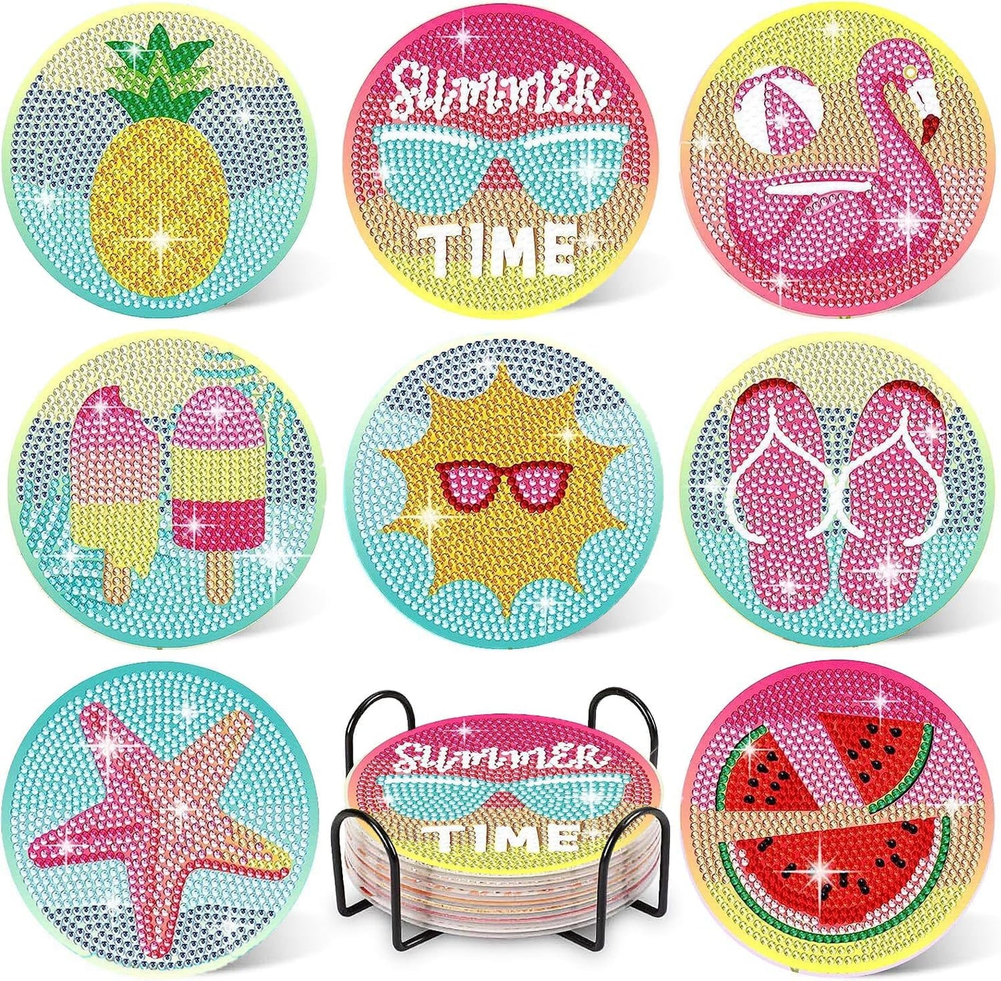 Leatrice 8PCS Beach Diamond Art Coasters Small Diamond Painting Kits for Adults Diamond Dots Round Full Drill Diamond Coasters with Holder Easy Art Crafts for Beginners Women
