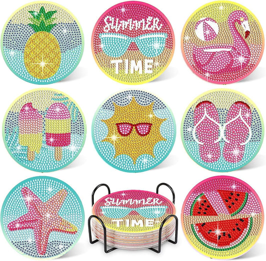 Leatrice 8PCS Beach Diamond Art Coasters Small Diamond Painting Kits for Adults Diamond Dots Round Full Drill Diamond Coasters with Holder Easy Art Crafts for Beginners Women