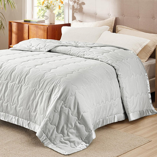 Bedsure Lightweight Blanket for Summer Queen Size - Down Alternative Blanket with Satin Trim for Bed, Light Summer Throw Grey, 90x90 Inches