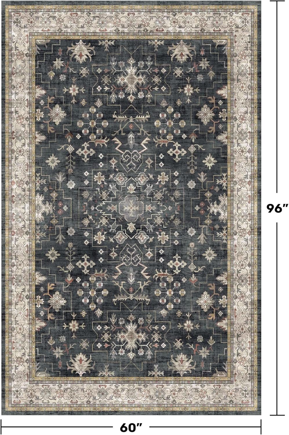 Black Modern Farmhouse 5x8 Area Rug for Living Room, Boho Large Entryway Rug, Dark Floor Carpet for Kitchen Under Small Dining Table, Bedroom - Washable Low Pile Waterproof Non Slip & Stain Resistance