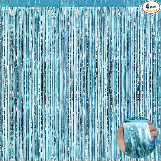 4 Pack Light Blue Foil Fringe Curtain Backdrop, 3.3Ft x 9.8Ft Metallic Tinsel Foil Fringe Streamers Curtains for Photo Booth, Wedding, Thanksgiving, Birthday, Christmas, Halloween Party Decoration