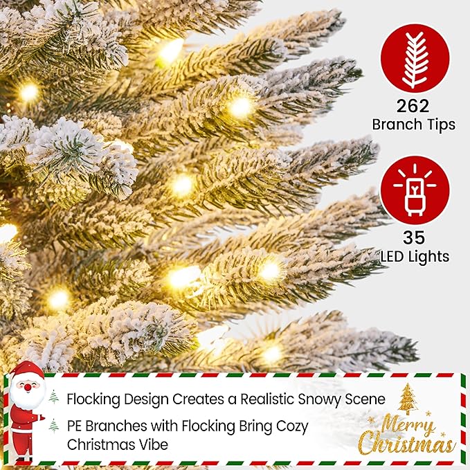 Yaheetech 2FT Pre-lit Potted Flocked Christmas Tree, Snow Frosted Mini Tabletop Artificial Christmas Tree with 35 Warm White LED Lights and 262 PE Branch Tips for Holiday Decoration