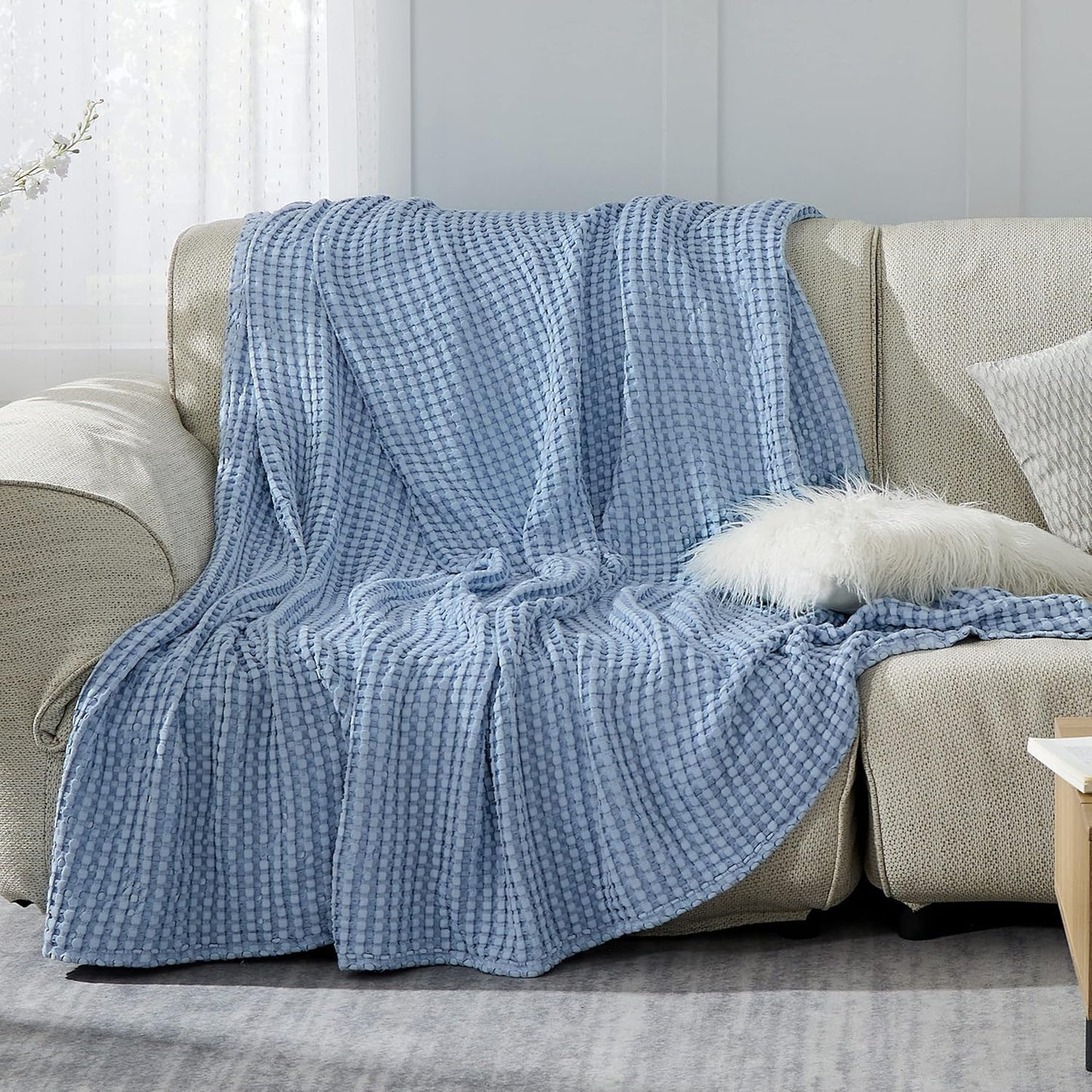 Bedsure Cooling Cotton Waffle Queen Size Blanket - Lightweight Breathable Blanket of Rayon Derived from Bamboo for Hot Sleepers, Luxury Throws for Bed, Couch and Sofa, Sky Blue, 90x90 Inches