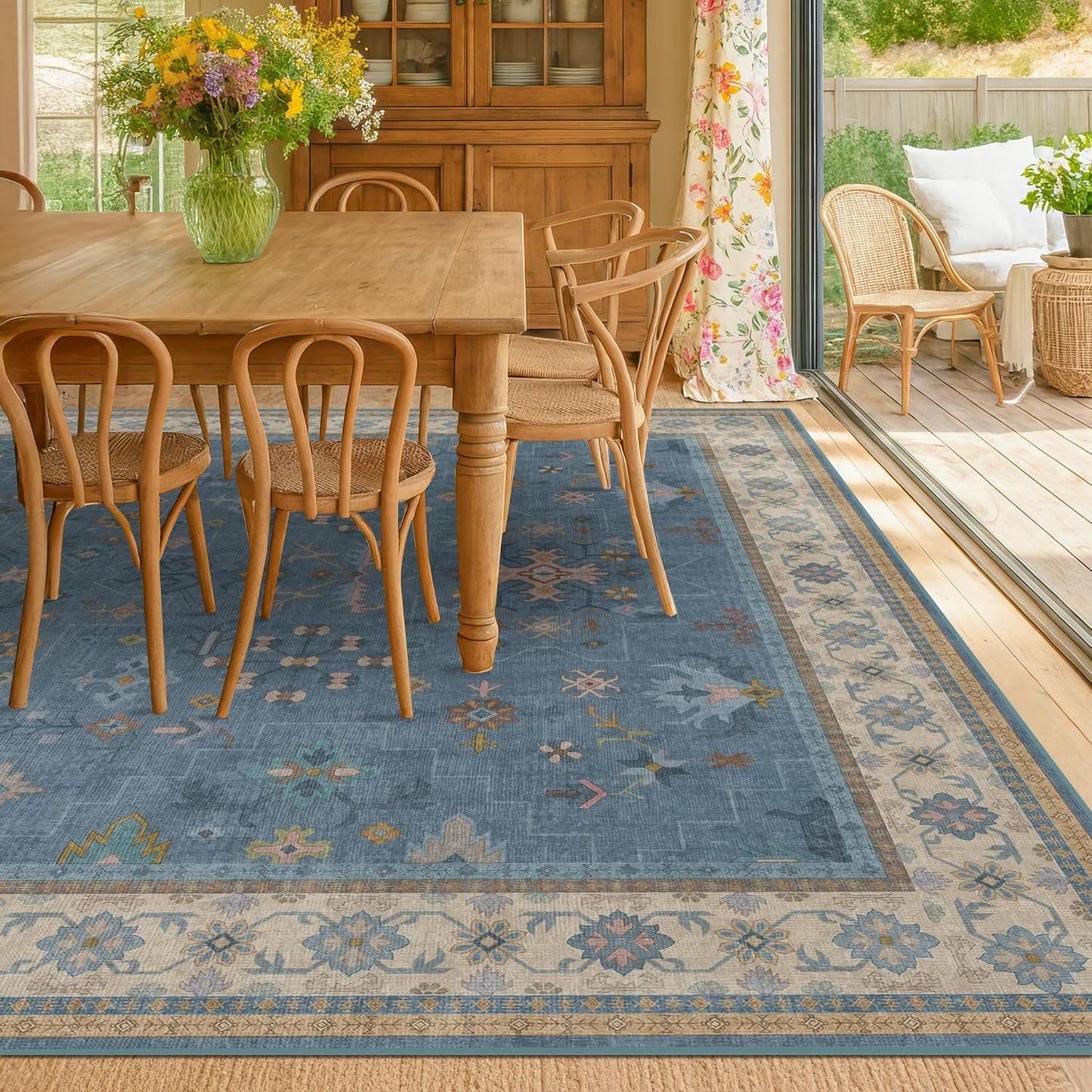 Blue Big Rugs for Living Room - Dusty Blue 10 x 14 Area Rug for Large Bedroom, Dining Room, Washable Lightweight Low Pile Foldable Eclectic Modern Floral Home Décor