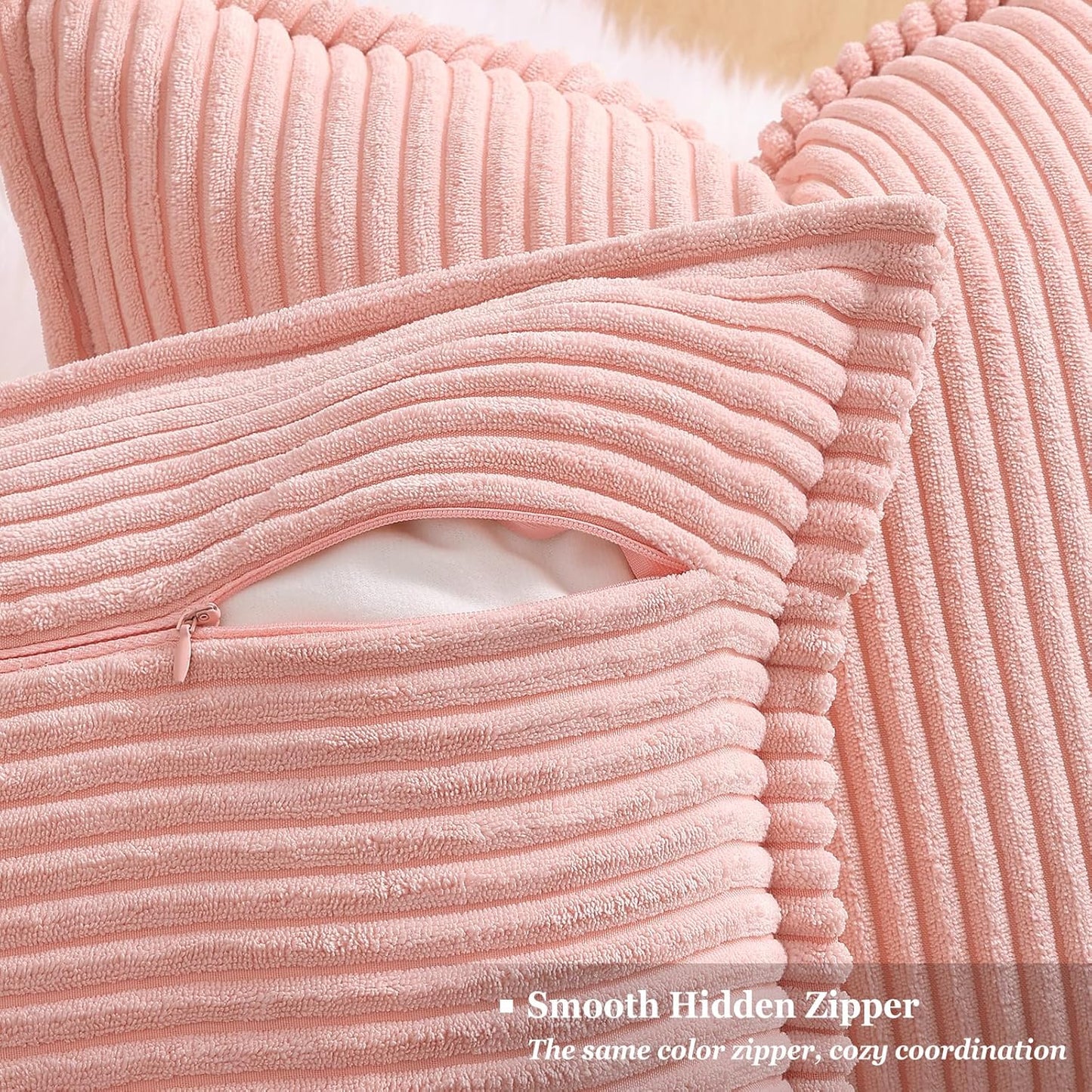 decorUhome Corduroy Pink Throw Pillow Covers 18x18 Set of 2 Decorative Soft Boho Farmhouse Euro Couch Pillow Covers for Living Room Bed Sofa Broadside Striped Pillow Cases