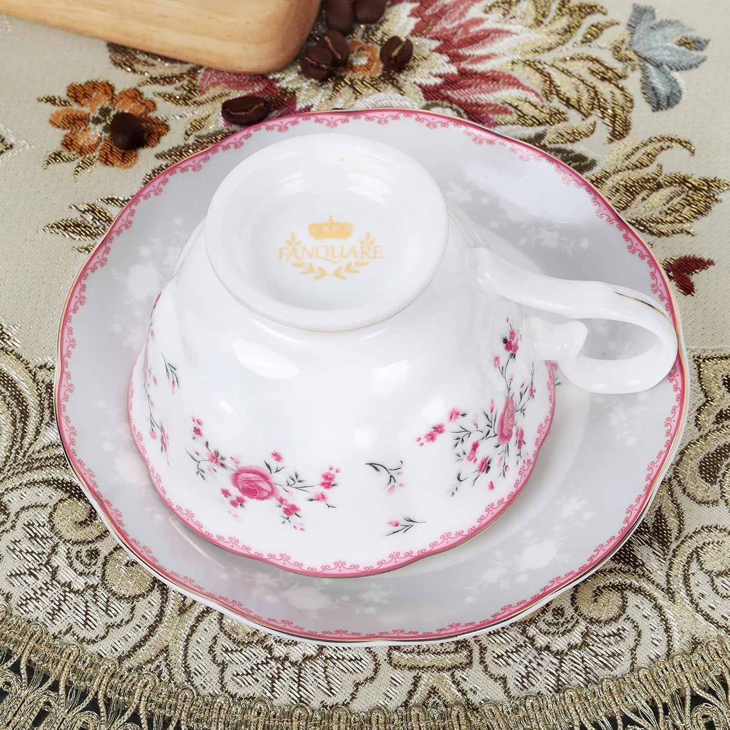 fanquare Pink Rose Tea Cup and Saucer Set for 6, British Vintage Afternoon Cup Set, Porcelain Coffee Cup with Gold Border, 5 oz