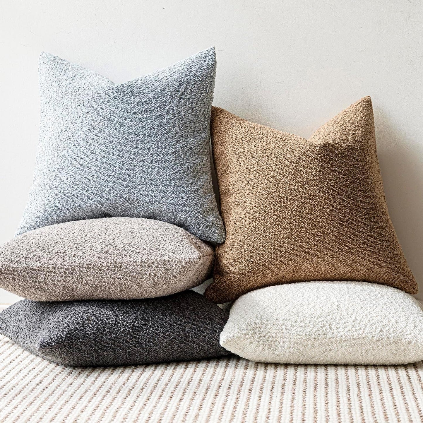 Foindtower Set of 2, Decorative Textured Boucle Throw Pillow Covers Accent Solid Pillow Cases Soft Cozy Couch Cushion Case for Chair Sofa Bedroom Living Room Home Decor 16 x 16 Inch Taupe Khaki Camel