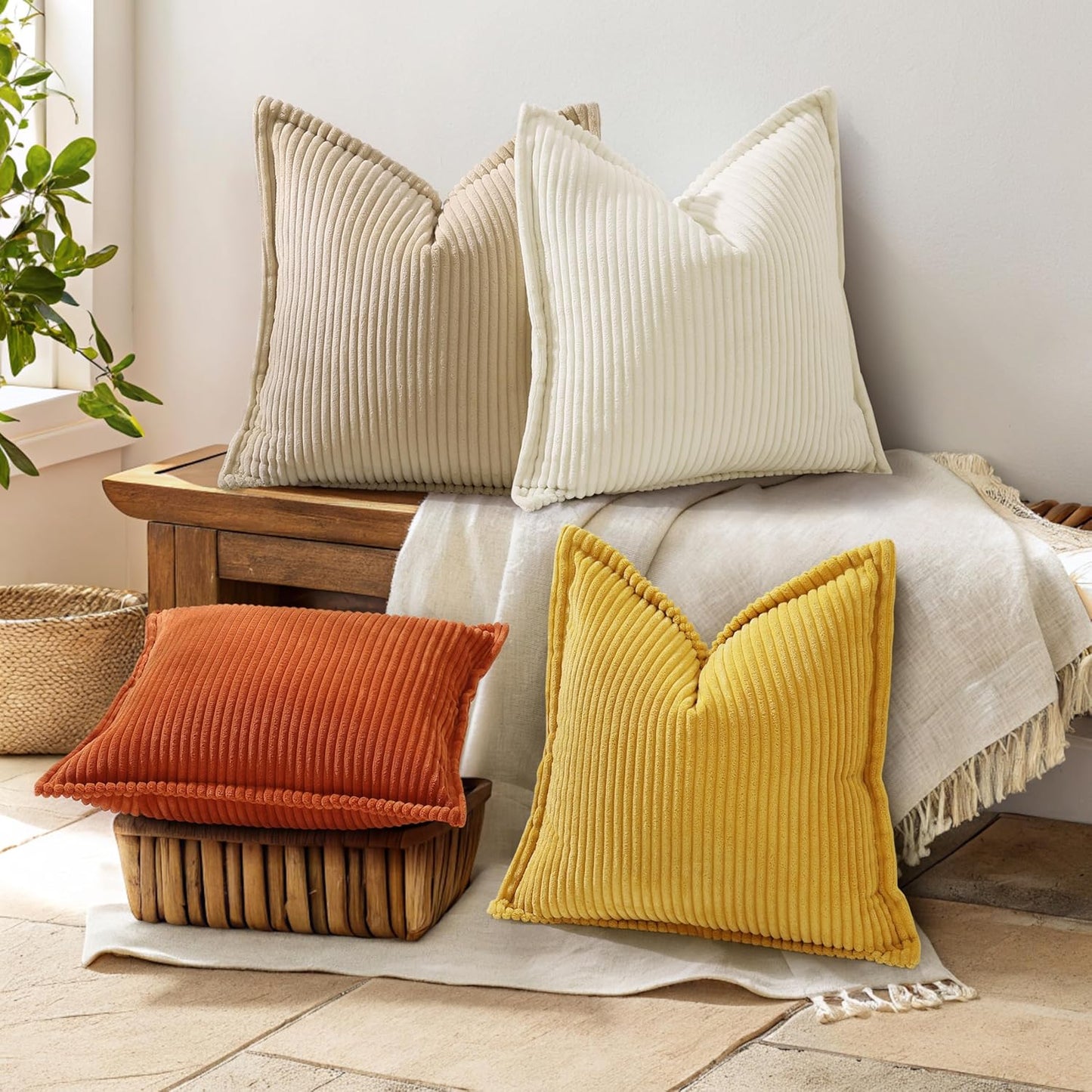 decorUhome Christmas Corduroy Cream White Throw Pillow Covers 26x26 Set of 2 Decorative Soft Boho Farmhouse Euro Couch Pillow Covers for Living Room Bed Sofa Broadside Striped Pillow Cases