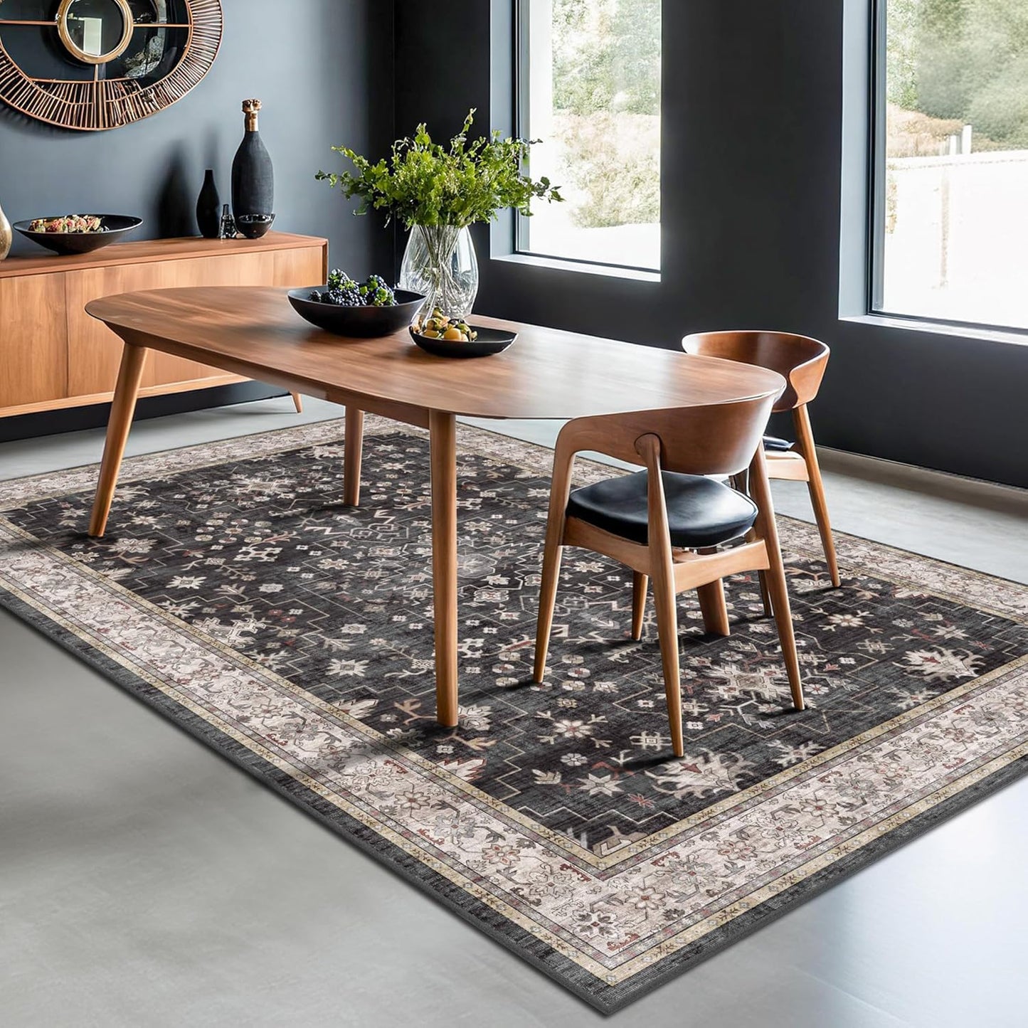 Black Modern Farmhouse 5x8 Area Rug for Living Room, Boho Large Entryway Rug, Dark Floor Carpet for Kitchen Under Small Dining Table, Bedroom - Washable Low Pile Waterproof Non Slip & Stain Resistance
