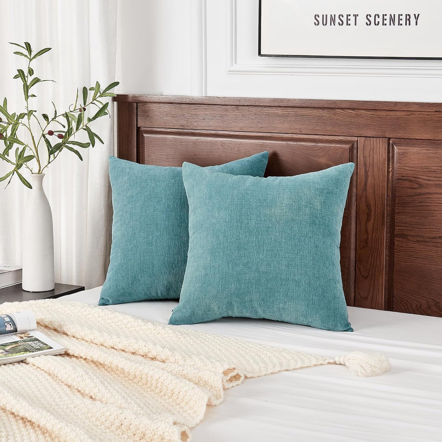 GAWAMAY Decorative Chenille Throw Pillow Covers 24x24 Inch Pack of 2, Soft Square Couch Pillow Cover for Sofa Cushion Living Room Bedroom Solid Dyed Pillowcases Smoke Blue 60x60cm (ONLY Covers)