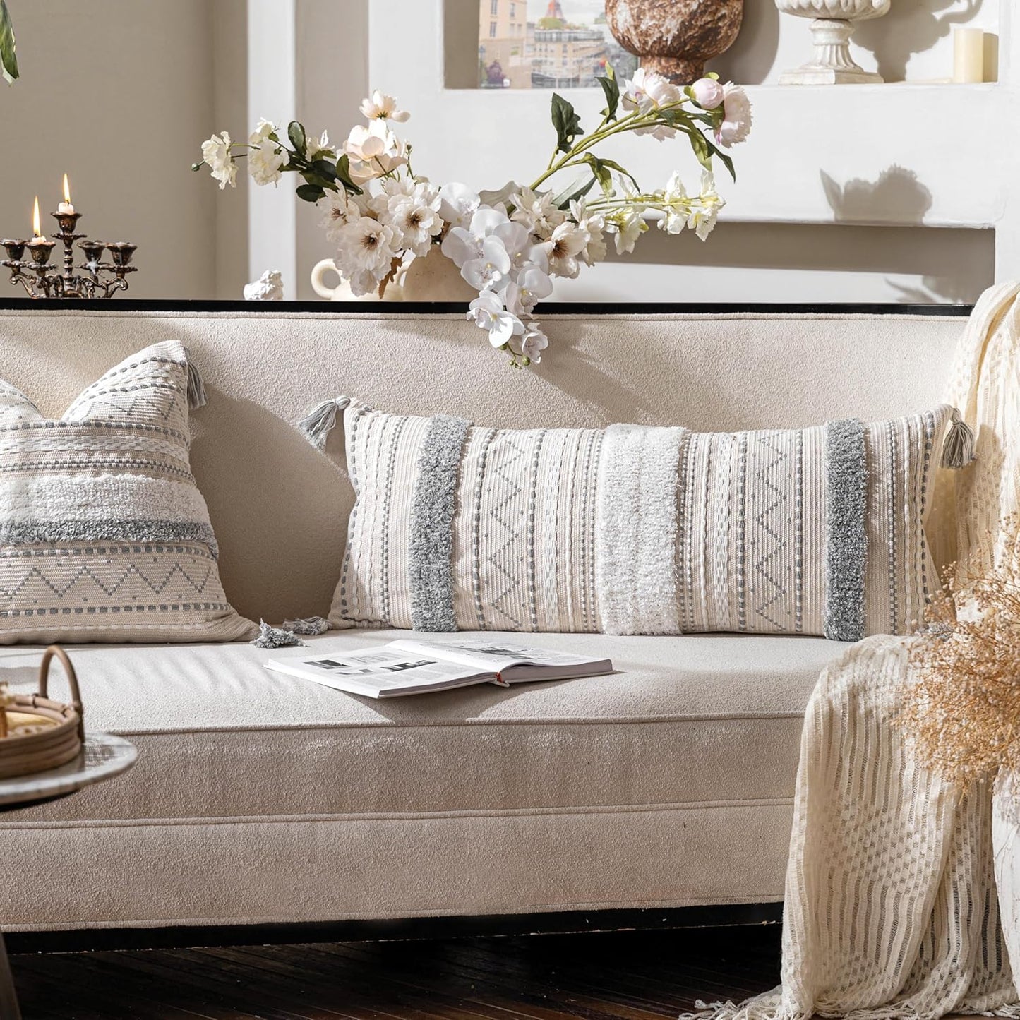 BlissBlush Gray Decorative Lumbar Throw Pillow Cover 14x36 Boho Long Cushion for Bed Neutral White Accent Farmhouse Pillowcase for Bedroom Living Room Couch Sofa Home Décor (Cover ONLY, Pack of 1)