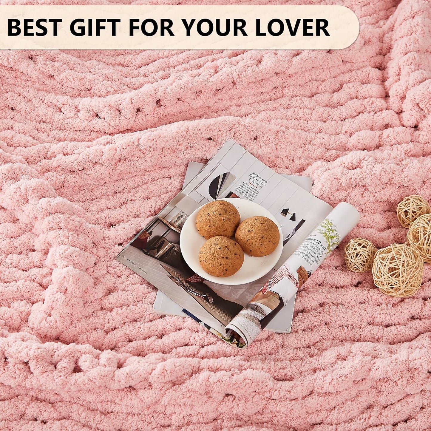 L'AGRATY Chunky Knit Blanket Throw - Soft Chenille Yarn Throw Blankets 30x40：Handmade Thick Cable Knit Crochet Blanket - Large Knit Chunky Rope Knot Throw Blankets for Couch Sofa Bed Home Decor