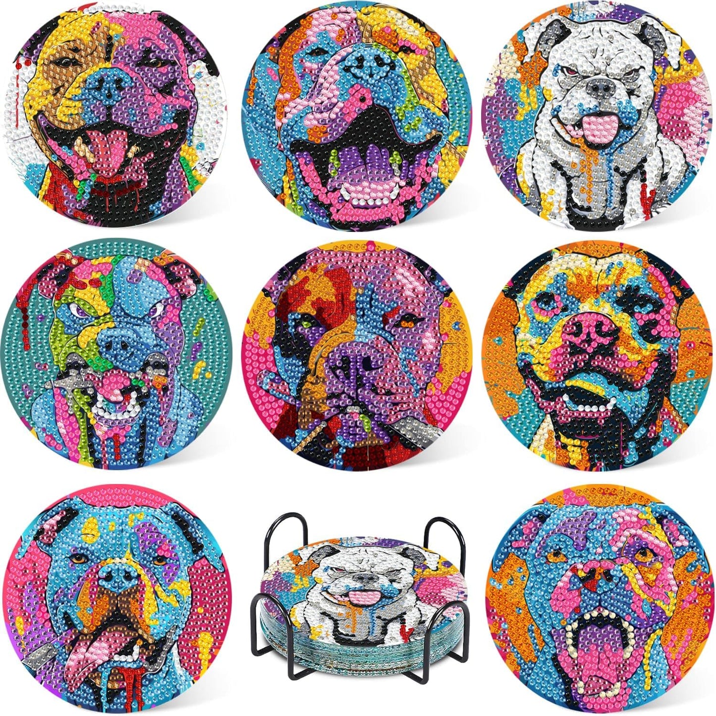 Leatrice 8PCS Dog Diamond Art Coasters Small Diamond Painting Kits for Adults Beginners Women, Gem Art Coasters with Holder, Funny Arts Supplies for Home Decor