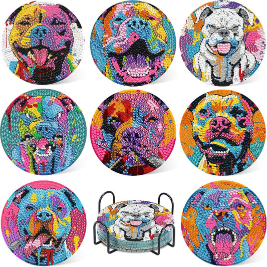 Leatrice 8PCS Dog Diamond Art Coasters Small Diamond Painting Kits for Adults Beginners Women, Gem Art Coasters with Holder, Funny Arts Supplies for Home Decor