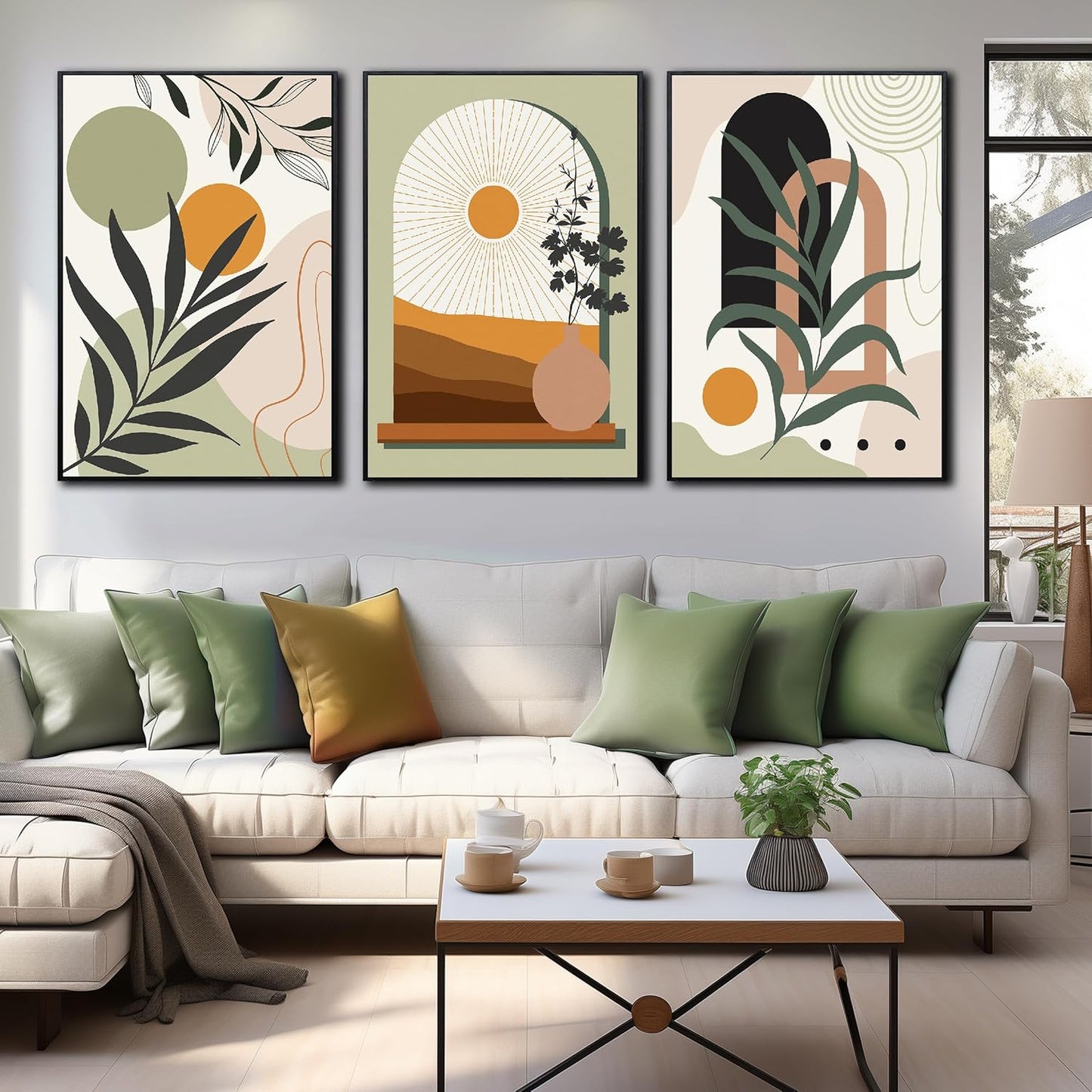 Green Boho Artwork for Walls Bohemian Wall Decor for Bedroom Plant Wall Art for Living Room with Black Frame Size 20 x 30 Inch 3 Panels