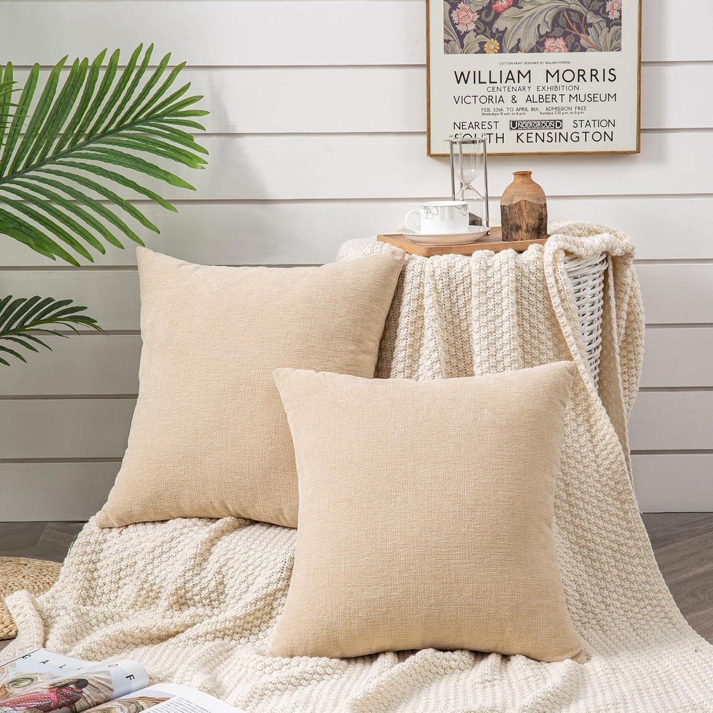 GAWAMAY Decorative Square Throw Pillow Covers 22"x22" Inch Set of 2, Super Soft Chenille Pillows Farmhouse Fall Pillowcase for Living Room Bedroom Sofa Couch Cushion Cover Beige 55x55cm (No Insert)
