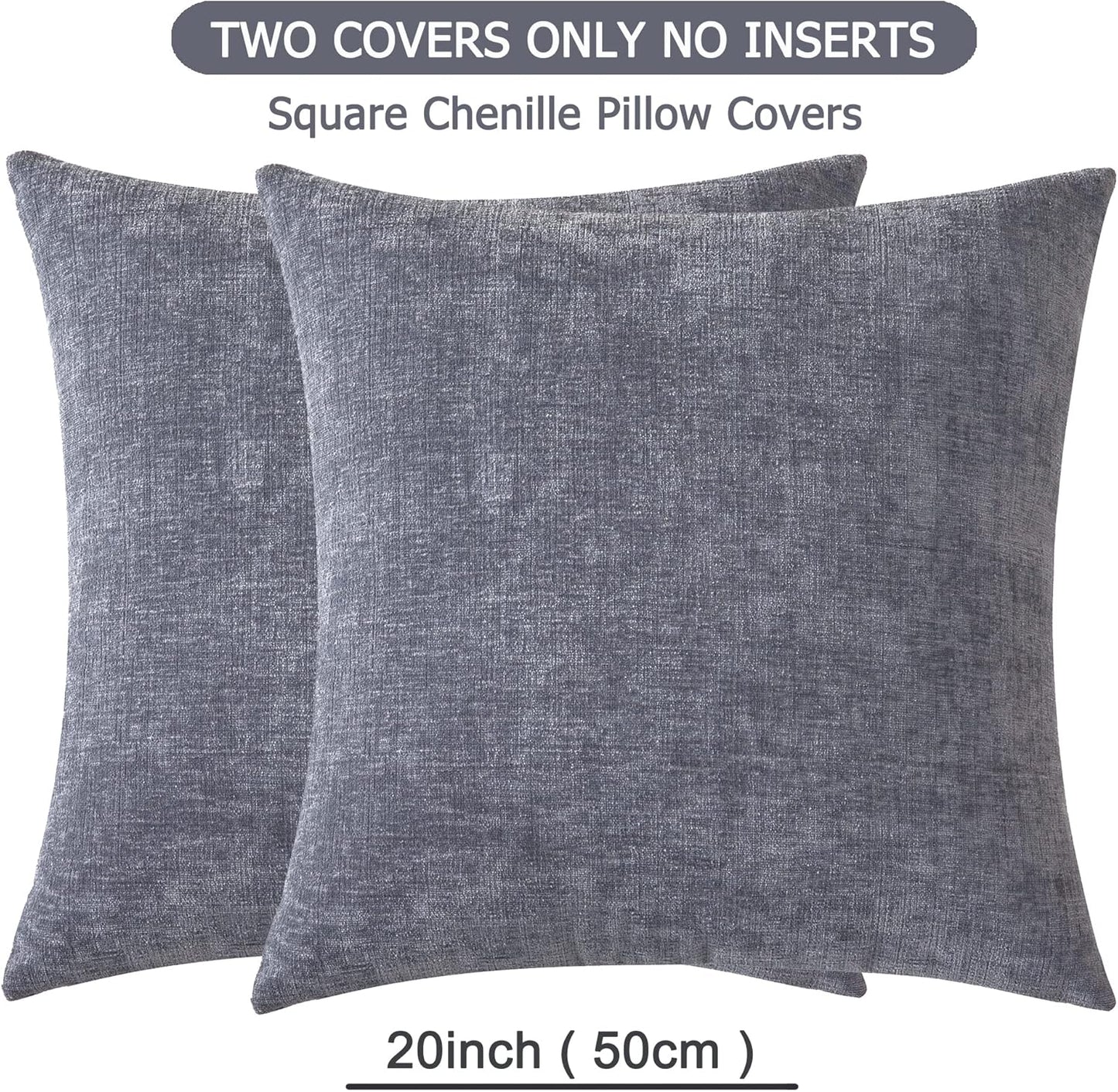 GAWAMAY Decorative Square Throw Pillow Covers 20"x20" Inch Set of 2, Super Soft Chenille Pillows Cover Fall Pillowcase for Living Room Bedroom Sofa Couch Cushion Cover Grey 50x50cm (No Insert)