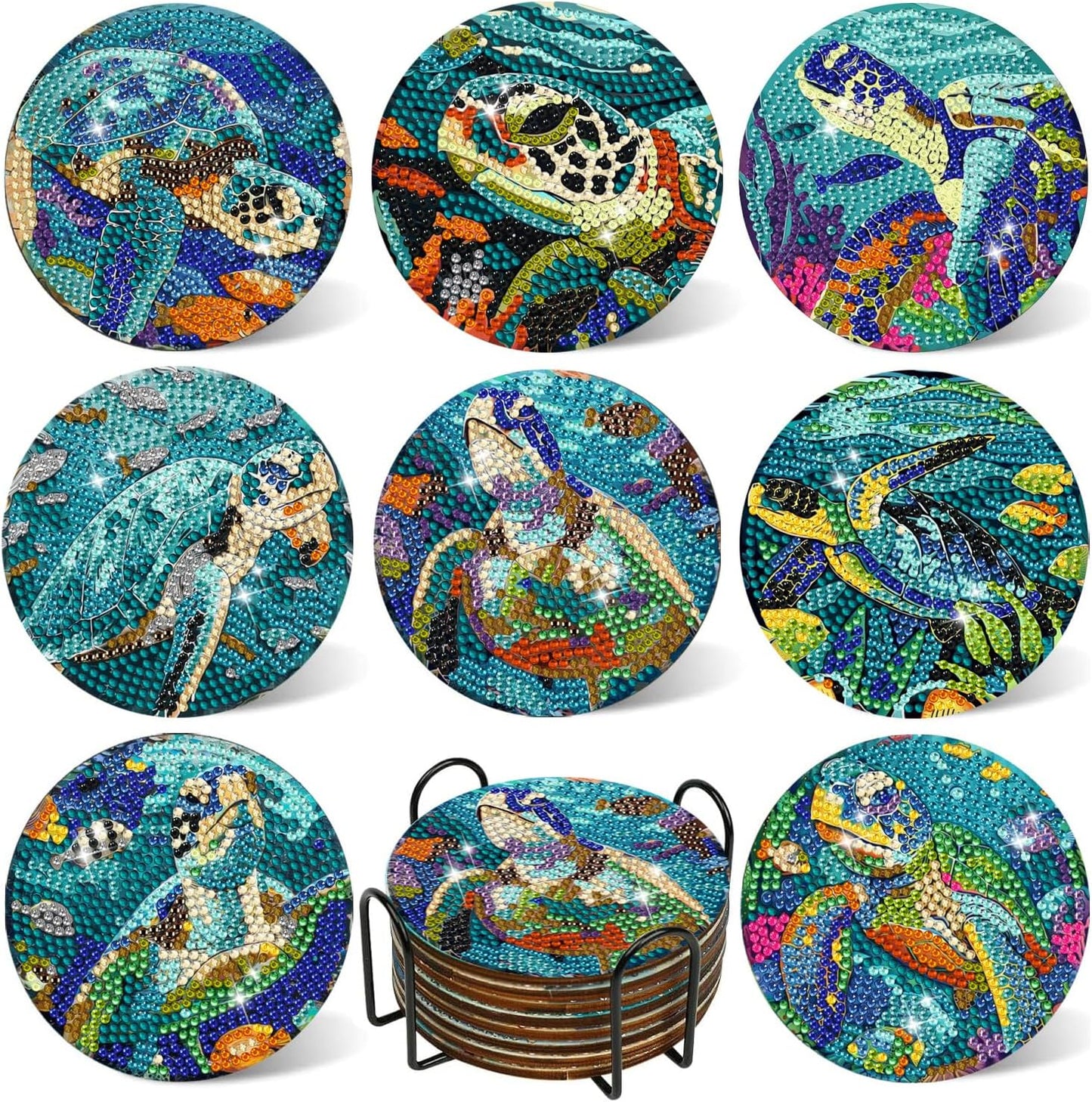 DOTSOPS 8Pack Diamond Art Coaster with Holder 5D Diamond Painting Kits for Adults Round Full Drill BeginnersGem Dots Craft Arts Supplies Party Home Decor Ocean