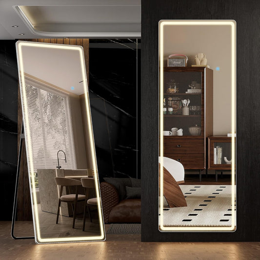 Full Length Mirror with Lights, 71" x 26" LED Floor Mirrors, Full Body Dressing Standing Mirrors with Dimming & 3 Color Lighting, Hanging Mounted Mirror for Living Room Bedroom Cloakroom
