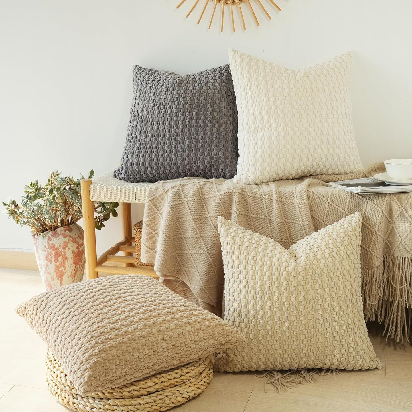 JOJUSIS Pack of 4 Neutral Decorative Throw Pillow Covers Farmhouse Boho Home Decor Striped Corduroy Square Pillowcases 18 x 18 Inch