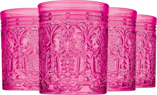 Godinger Old Fashioned Whiskey Glasses, Drinking Glasses, Vintage Decor, Glass Cups, Water Glasses, Cocktail Glasses - Jax Collection, 12oz, Hot Pink, Set of 4