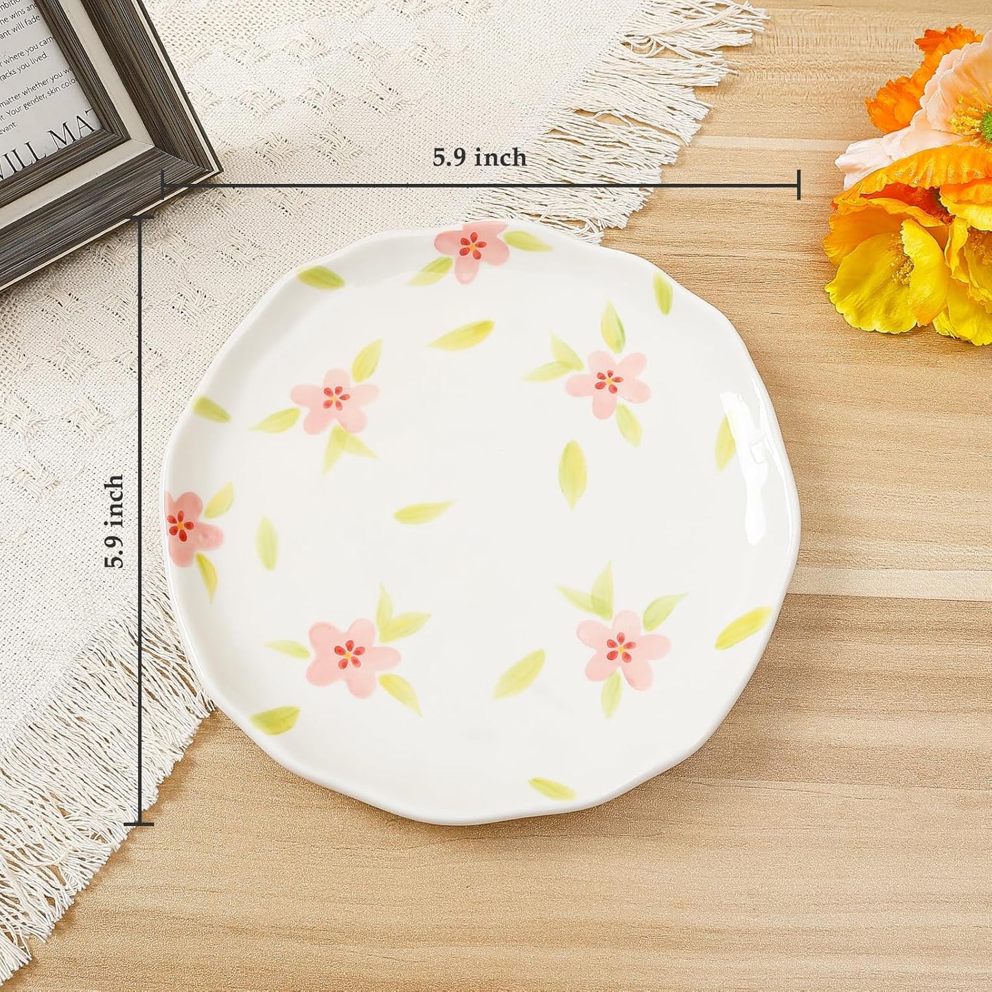 Koythin Ceramic Dessert Plates, Cute Fruits Dinner Plate, Creative Plates Design, Printed Flowers Dinnerware for Office and Home, Kitchen Plates for Desserts (Retro Pink Flower)