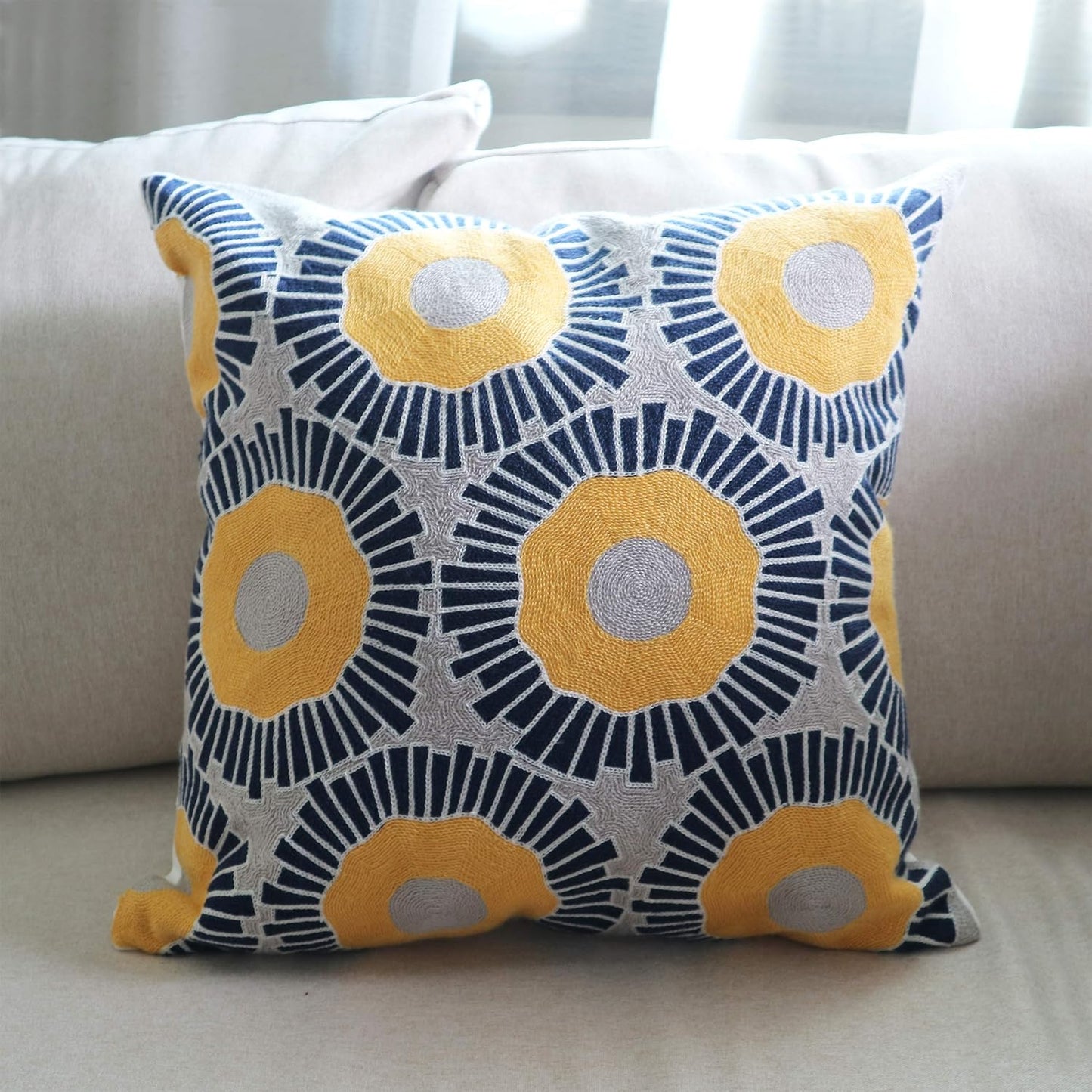 Embroidery Throw Pillow Covers 18x18 Home Decor Floor Pillow Cover for Couch Sofa Bed Room Chair 100% Cotton Cushion Cover Pillowcase 45x45cm Yellow Sunflowers Embroidered, 1 Piece