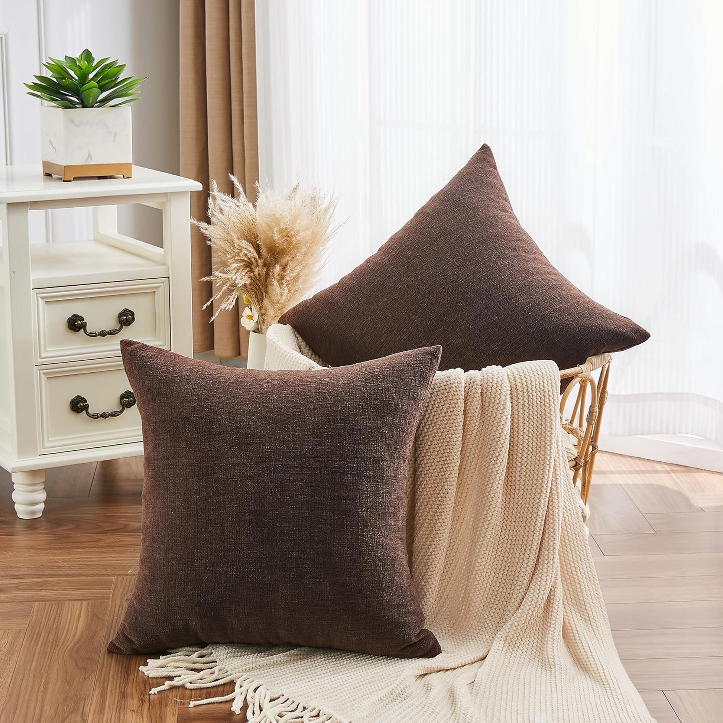 GAWAMAY Decorative Square Throw Pillow Covers 18x18 Inch Set of 2, Super Soft Chenille Pillows Cover Fall Pillowcase for Living Room Bedroom Sofa Couch Cushion Cover Coffee 45x45cm (No Inserts)