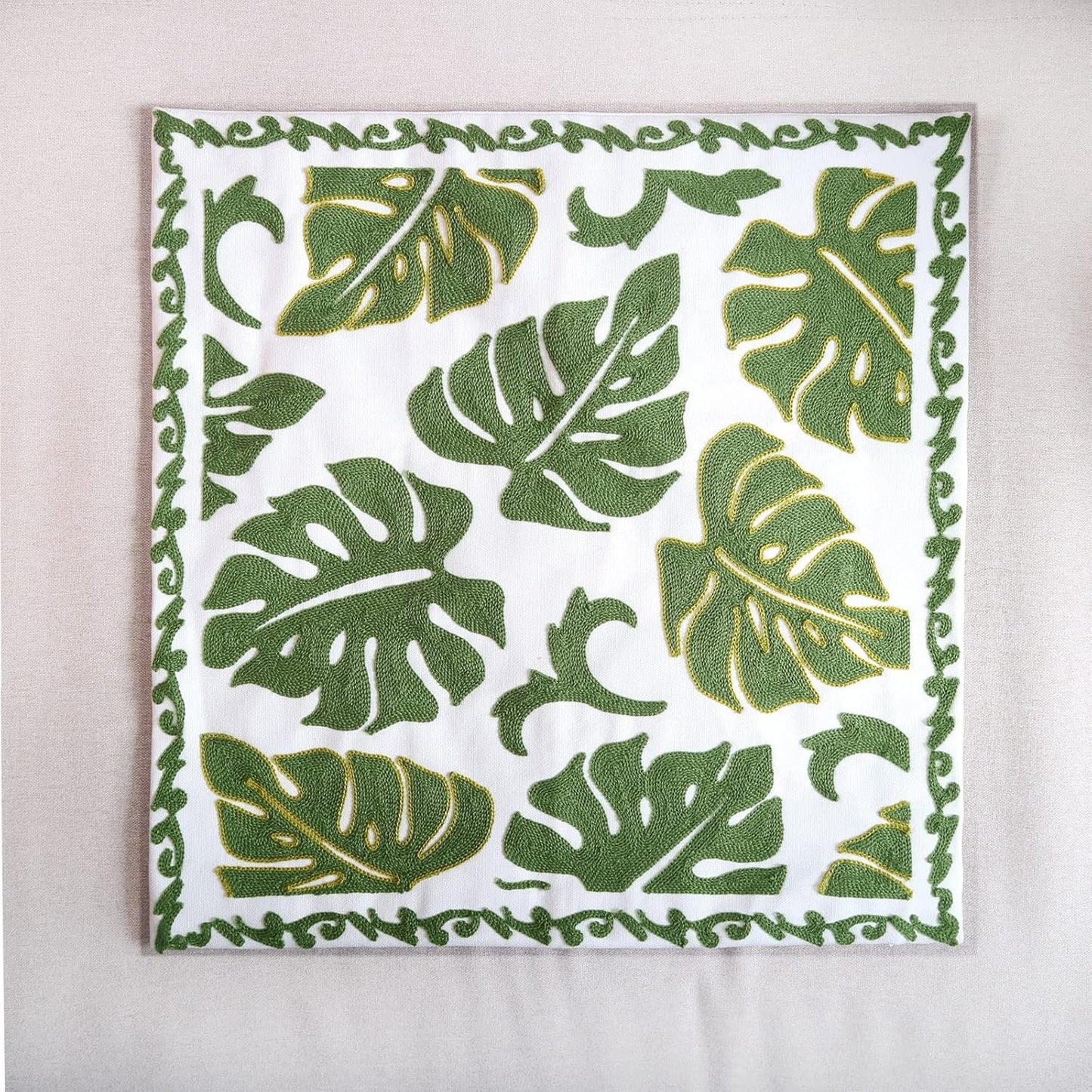 Embroidery Throw Pillow Cover 18x18 Tropical Leaves Home Decor Monstera Leaf Embroidered Green Floor Pillow Cover for Couch Sofa Chair 100% Cotton Cushion Cover Pillow Case 45x45cm, 1 Piece