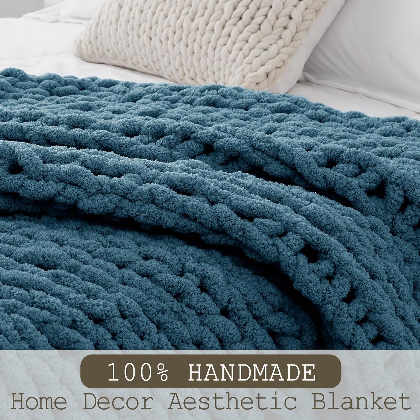 Chunky Knit Throw Blanket 60"X 80", 100% Handmade with Soft Chenille Yarn, 6.7lbs Thick Cable Knitted Blankets, Large Rope Knot Crochet Throws for Couch Sofa Bed Home Decor, Mineral Blue