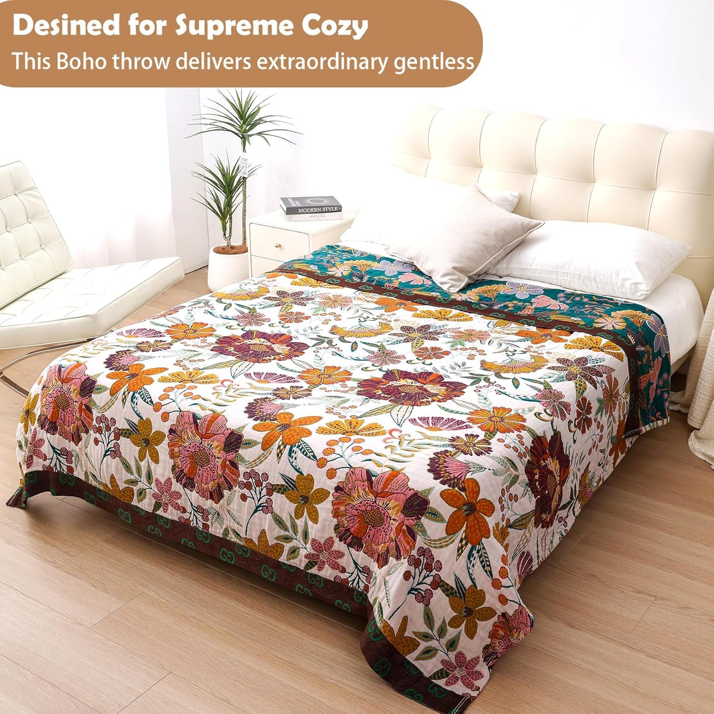 King Boho Throw Blanket for Bed, 100% Cotton Muslin Soft Throw-Floral Farmhouse Rustic Decor Blanket for Couch Sofa Quilt and Gift, 91" x 98"-BeigeWhite