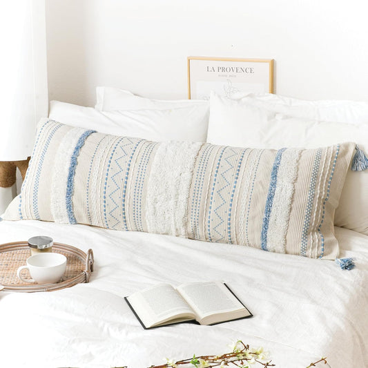 BlissBlush Large Body Pillow Cover for Bed 20x54 Coastal Blue Boho Accent Oversized Long Pillowcase for Bedroom Decorative Cushion Farmhouse Home Décor (Cover ONLY, Pack of 1)