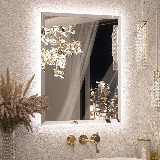 Keonjinn LED Mirror for Bathroom 24 x 30 Inch, Beveled Edge Bathroom Backlit Mirror, UL-Listed, Safe Tempered Glass, 3 Color Lights, Dimmable, Defogging, Frameless Lighted Vanity Mirrors for Wall