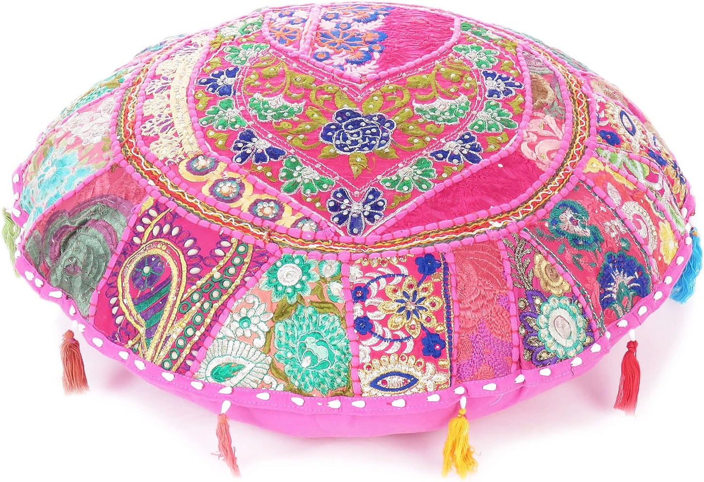 Eyes of India Round Floor Seating Meditation Patchwork Pillow Cushion Cover Colourful Decorative Throw Indian Bohemian Accent Boho Chic Handmade Cover Only (Pink, 32" x 32")