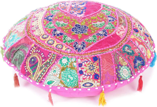 Eyes of India Round Floor Seating Meditation Patchwork Pillow Cushion Cover Colourful Decorative Throw Indian Bohemian Accent Boho Chic Handmade Cover Only (Pink, 32" x 32")