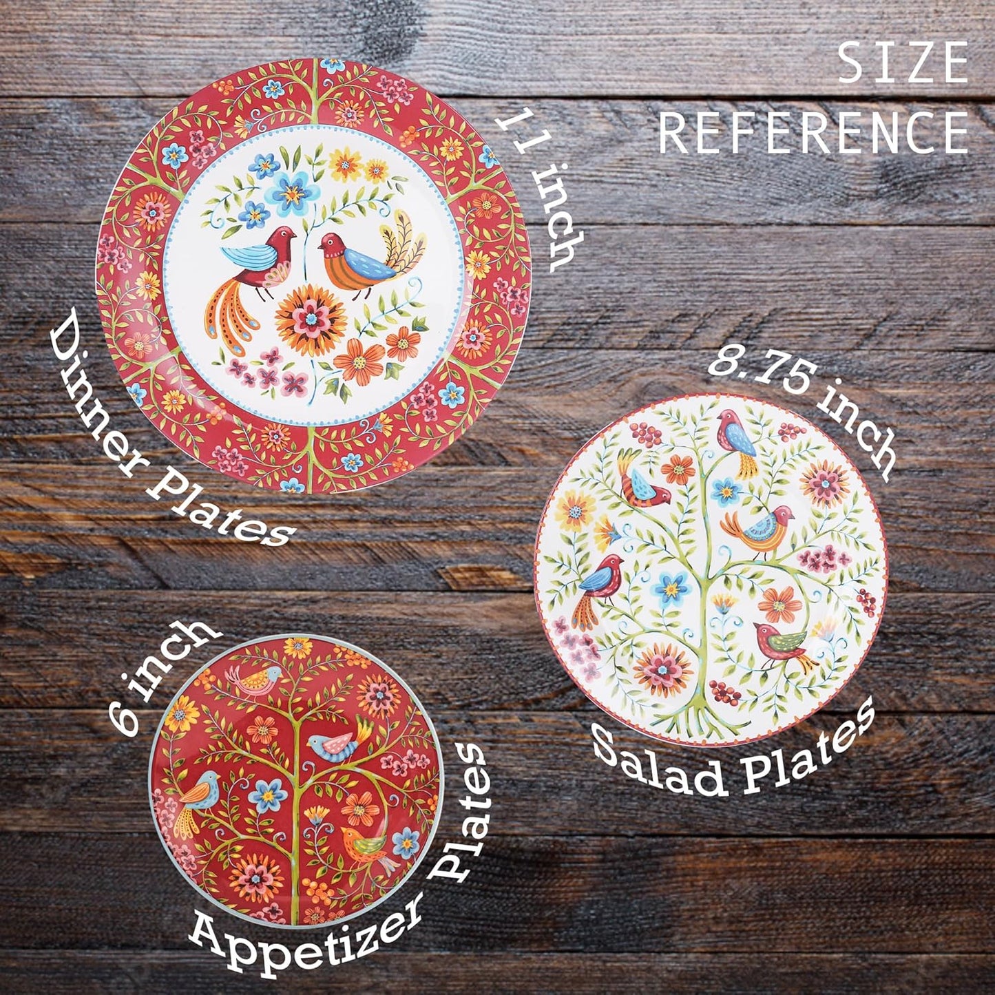 Bico Red Spring Bird Salad Plates Set of 4, 8.75 Inch Ceramic Dessert Plates for Salad, Appetizer, Side Dishes, Microwave and Dishwasher Safe, Gift for Housewarming and Thanksgiving