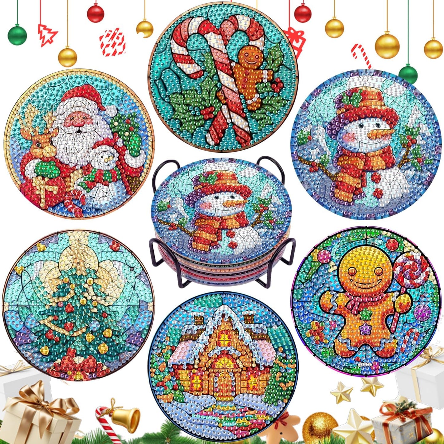 EWJRNSF 6 PCS 5D Diamond Painting Coasters Kits with Holder, Small Diamond Art Kits for Adults Beginners Diamond Dots Arts and Crafts Gems Supplies Item Christmas Style