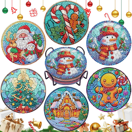 EWJRNSF 6 PCS 5D Diamond Painting Coasters Kits with Holder, Small Diamond Art Kits for Adults Beginners Diamond Dots Arts and Crafts Gems Supplies Item Christmas Style