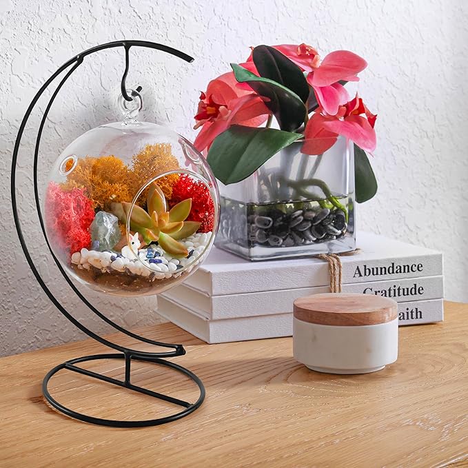 5" DIY Globe Terrarium Kit - Hanging Glass Planter with Stand for Adults & Kids - Build Your Own Mini Ecosystem with Moss, Crystals, Tools & Figurine - Handcrafted in USA