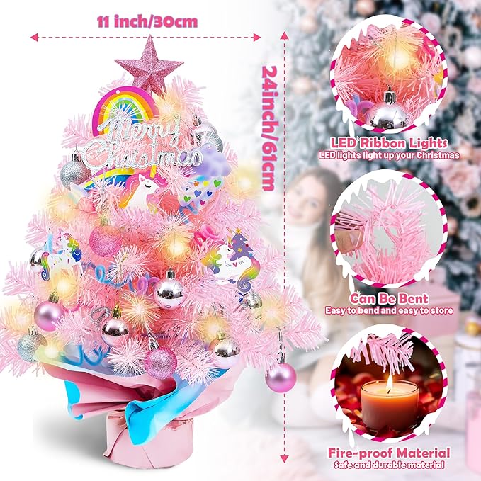 2FT Pink Mini Christmas Tree with Unicorn Theme - 24 Inch Tabletop Artificial Tree with Warm LED Lights, Star Topper, DIY Ornaments, Small Xmas Tree Holiday Decoration for Kids, Family, Home, Office