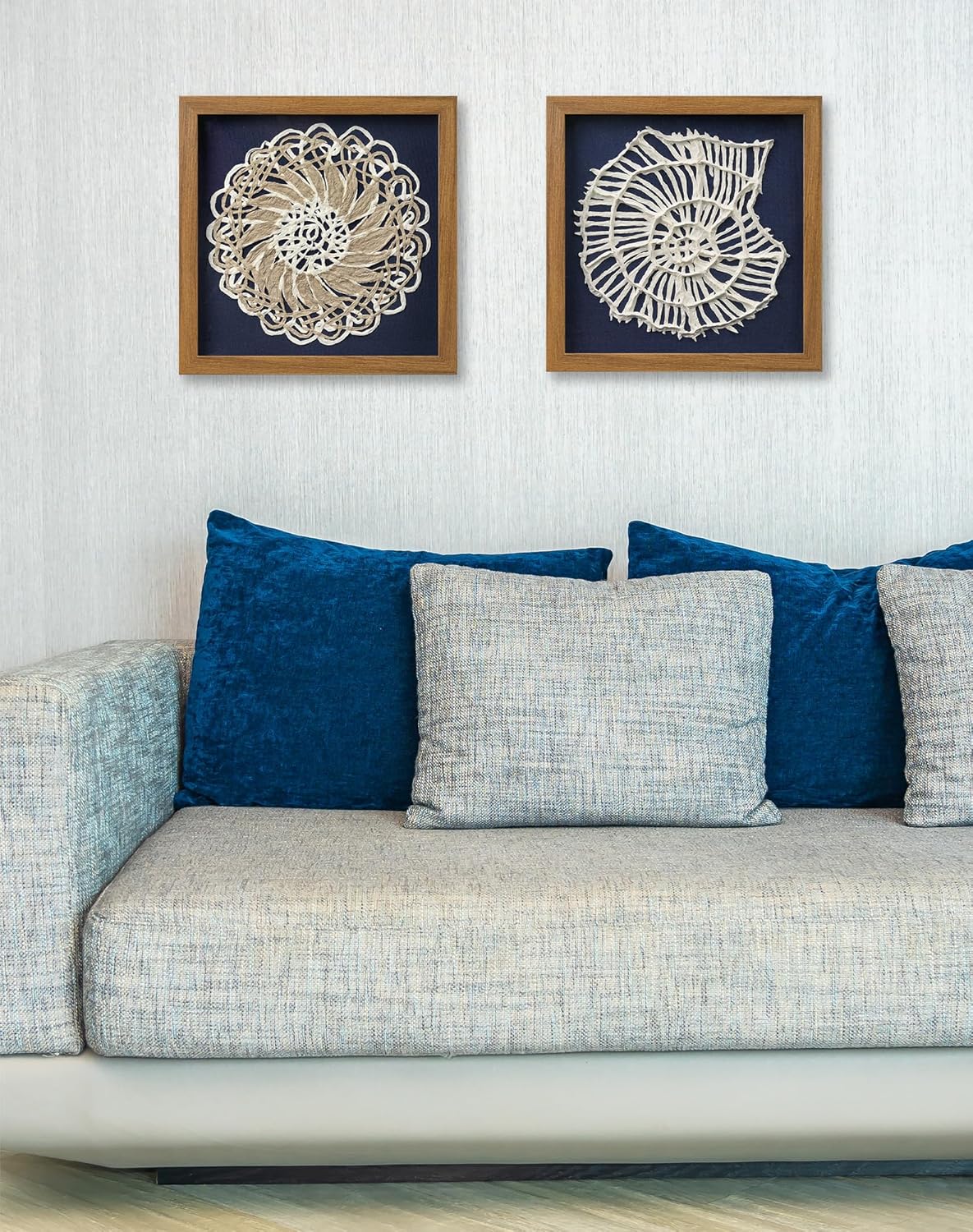 FOLKOR Beach Wall Art Decor for Living Room Bedroom Guest Room, 12" Framed Seashell Shadow Box Art with Blue Background, 3D Coastal Wall Hanging Accent for Entryway Staircase Exhibition Gallery Wall