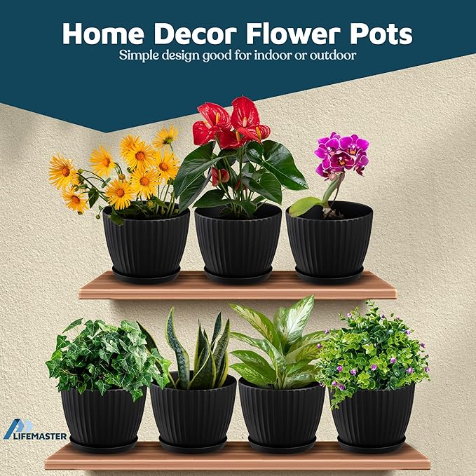 Black 6-Inch Plant Pots with Drainage & Saucers 3 Pack, Indoor & Outdoor Planters for Houseplants, Herbs, and Flowers, Durable & Weatherproof Material, Stackable, Lightweight, Minimalist Design