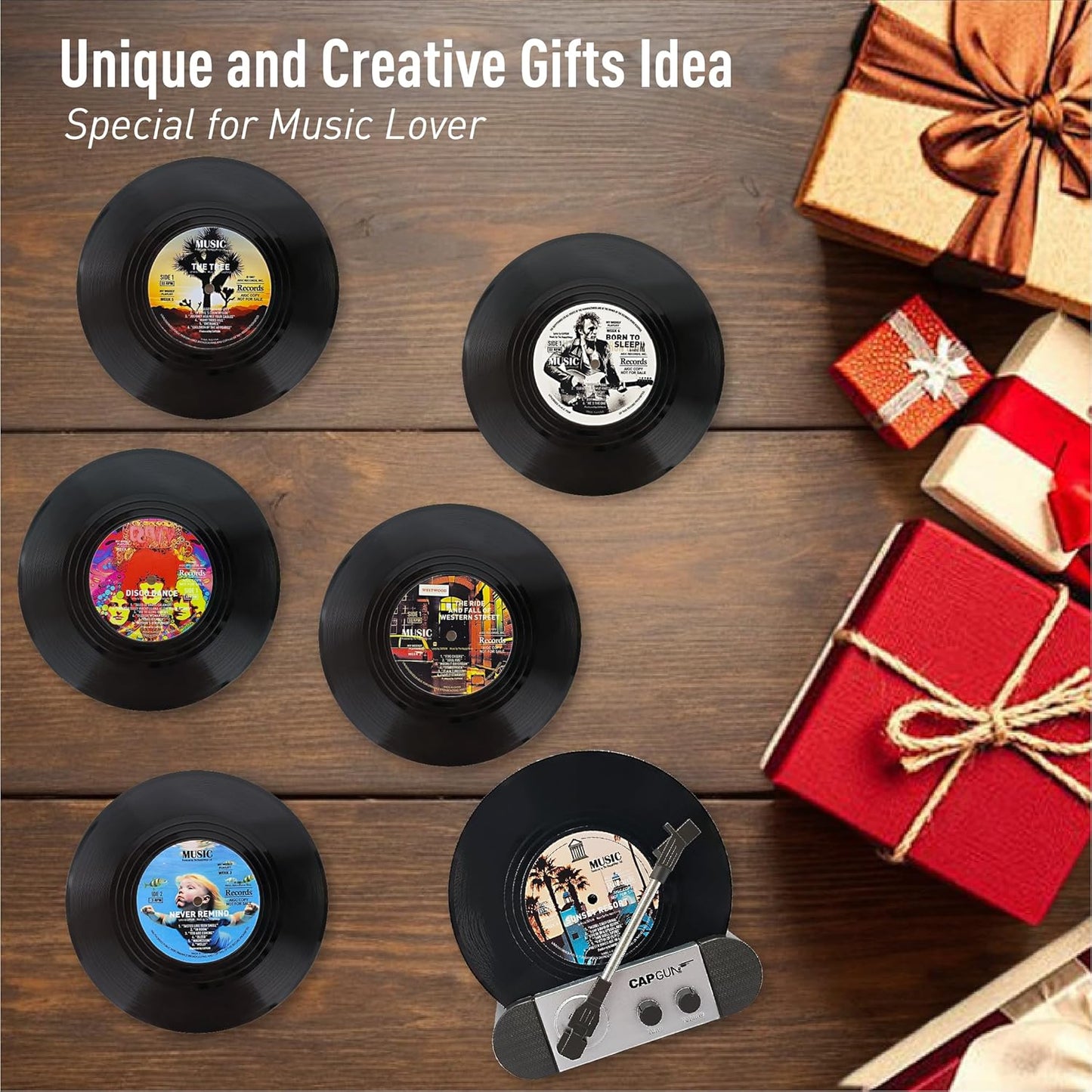 Funny Retro Vinyl Record Coasters, Creative Drink Coasters Set of 12 with Vinyl Record Player Holder for Music Lovers, Housewarming Hostess Gifts, Birthday and White Elephant Gifts Ideas